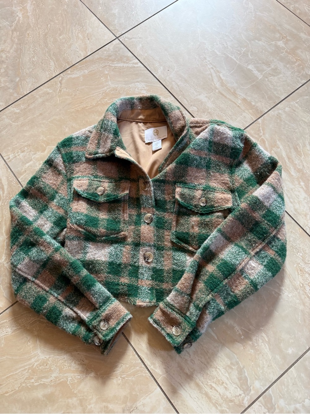 House of Harlow 1960 Green & Brown Plaid Cropped Shacket sz S